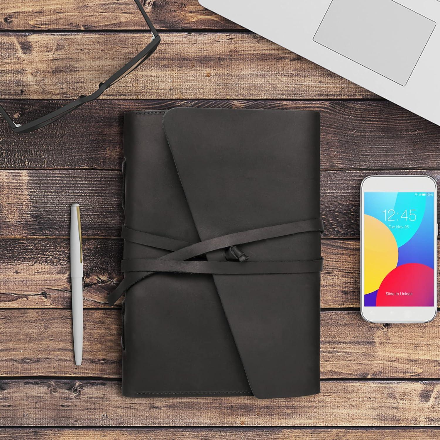 imageMontana West Genuine Leather Journal Notebook for Women and Men Vintage Refillable Journals for Writing Handheld 6 Ring Binder Travel Journal Diary with Slide Open Pocket2 Card Holders and 2 PenABlack