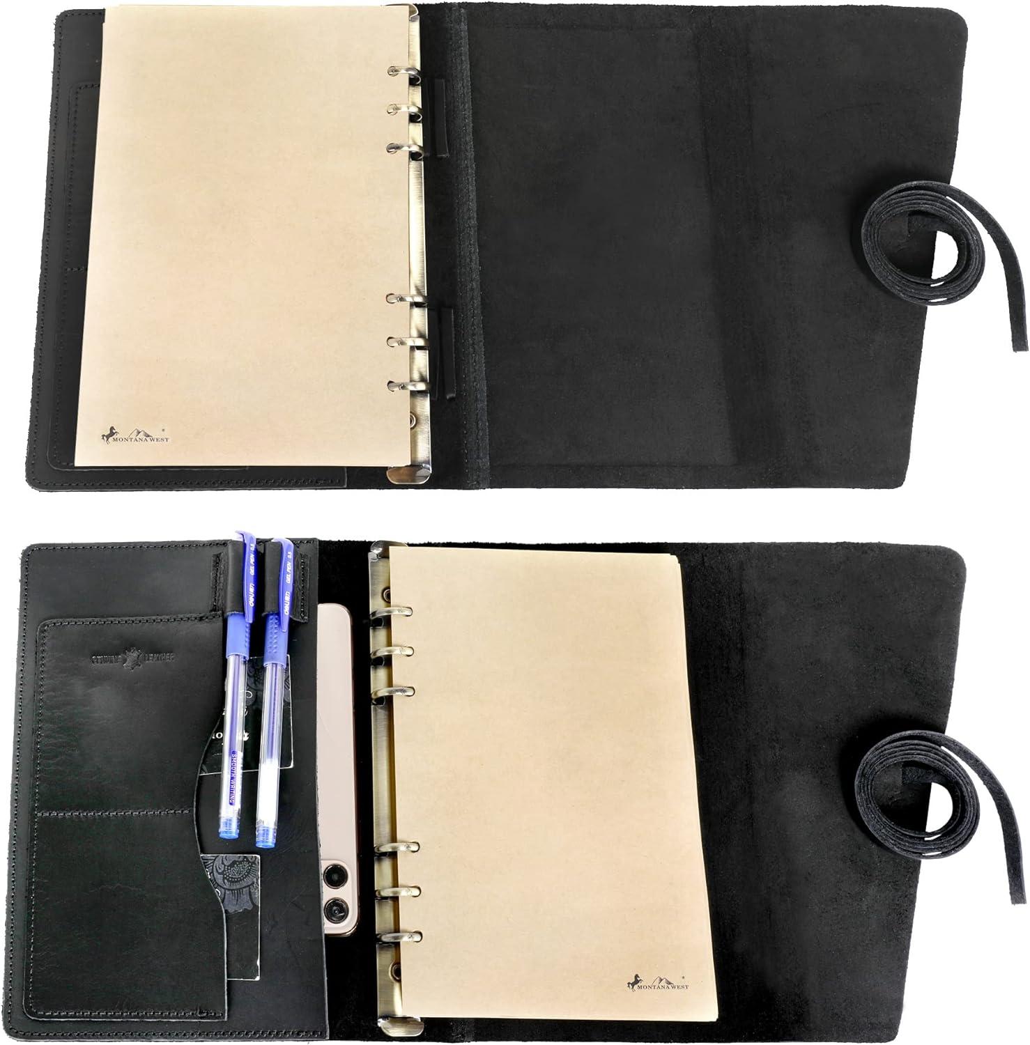 imageMontana West Genuine Leather Journal Notebook for Women and Men Vintage Refillable Journals for Writing Handheld 6 Ring Binder Travel Journal Diary with Slide Open Pocket2 Card Holders and 2 PenABlack