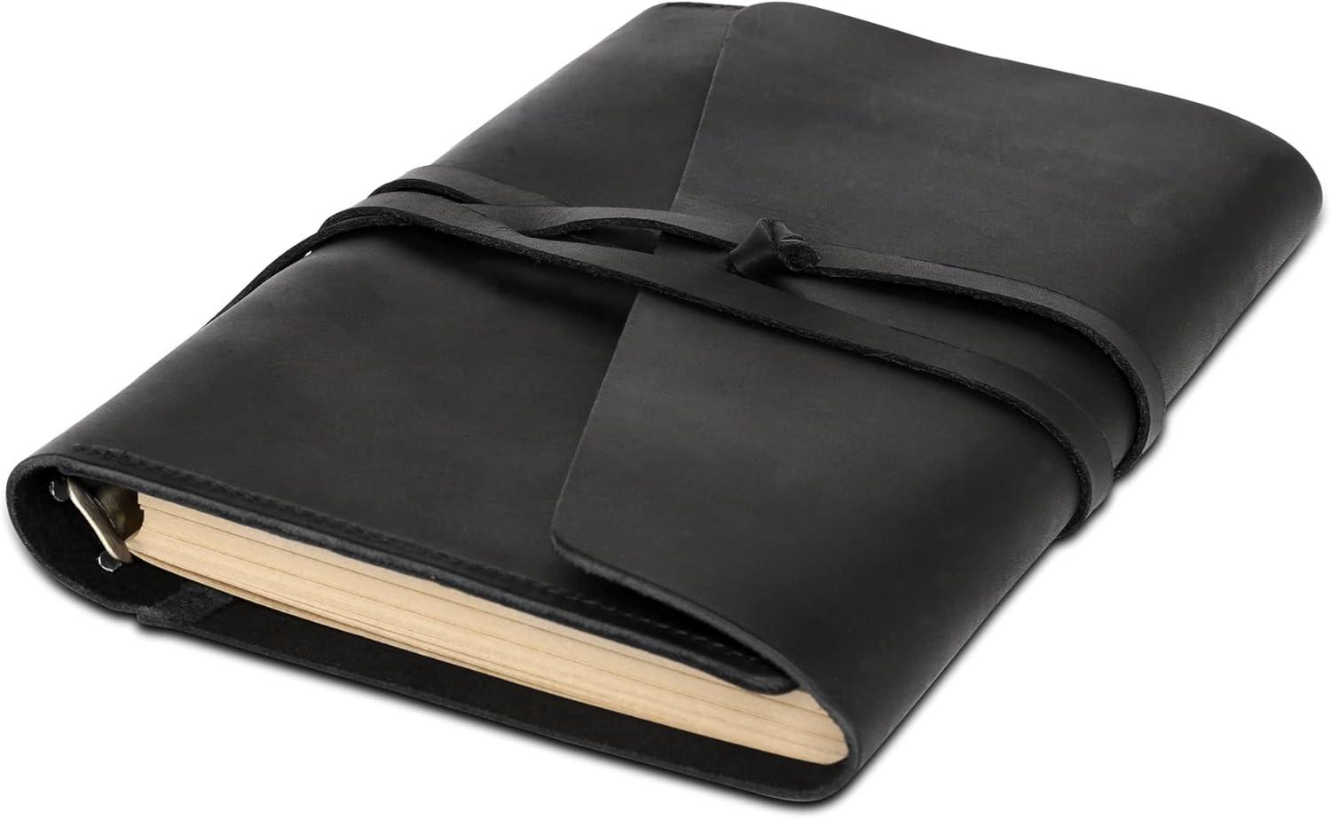 imageMontana West Genuine Leather Journal Notebook for Women and Men Vintage Refillable Journals for Writing Handheld 6 Ring Binder Travel Journal Diary with Slide Open Pocket2 Card Holders and 2 PenABlack