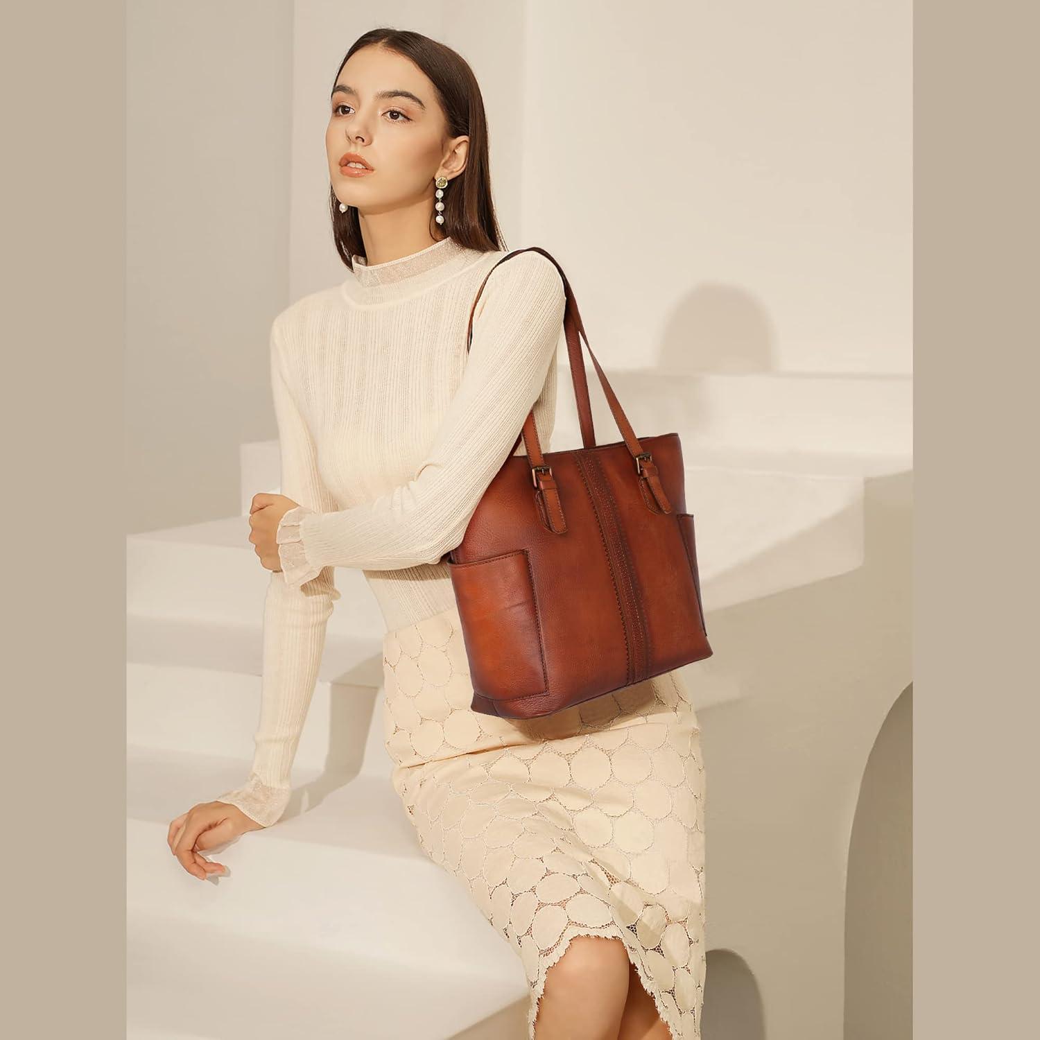 imageMontana West Genuine Leather Purses for Women WesternWhipstitch Tote Bag for Ladies Vintage Top Handle Bag