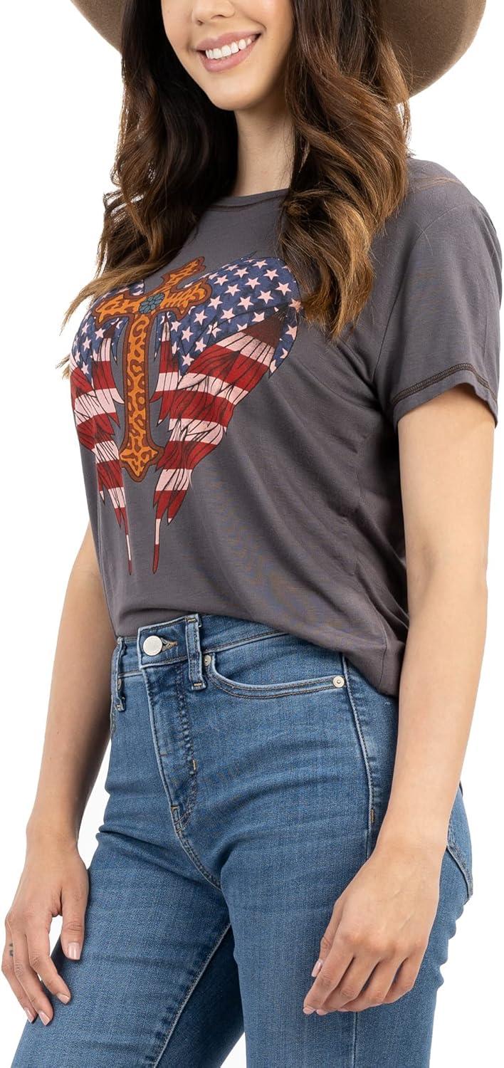 imageMontana West Graphic Tees for Women Vintage T Shirts Cross with American Flag Wings Printed Short Sleeve T Shirt ABT3020S