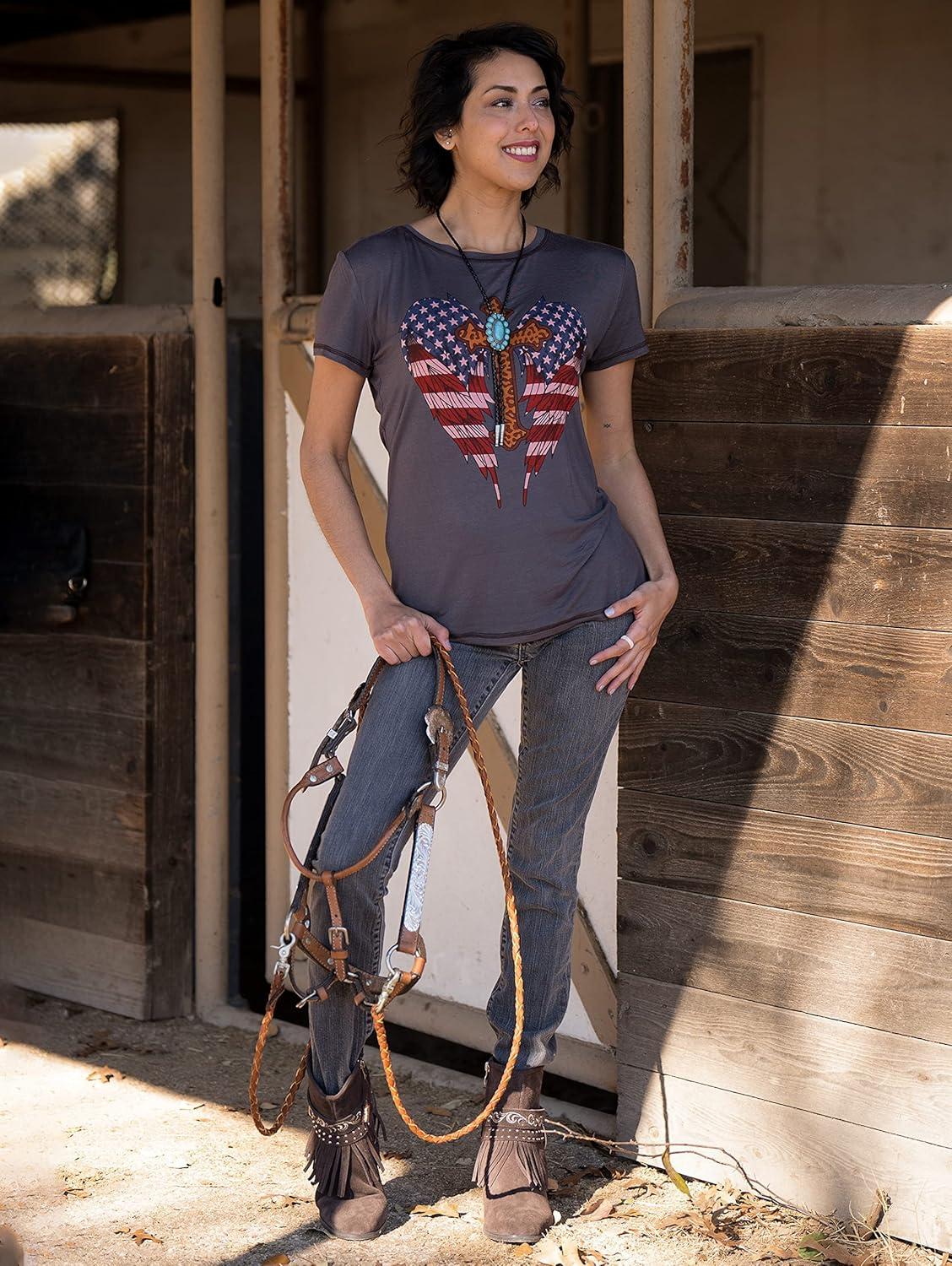 imageMontana West Graphic Tees for Women Vintage T Shirts Cross with American Flag Wings Printed Short Sleeve T Shirt ABT3020S