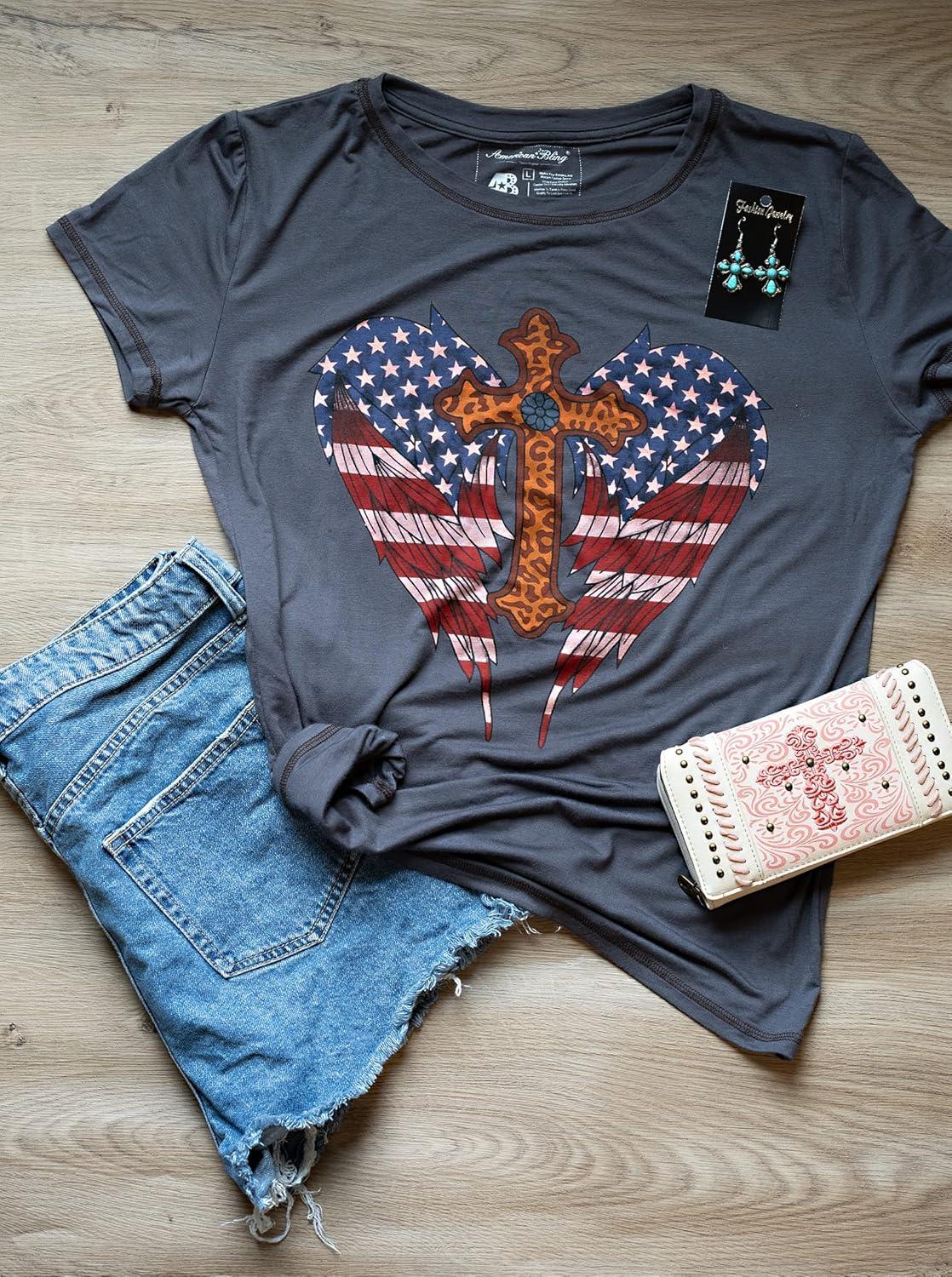 imageMontana West Graphic Tees for Women Vintage T Shirts Cross with American Flag Wings Printed Short Sleeve T Shirt ABT3020S