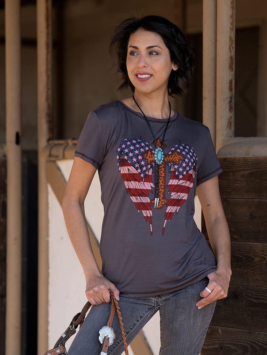 imageMontana West Graphic Tees for Women Vintage T Shirts Cross with American Flag Wings Printed Short Sleeve T Shirt ABT3020S