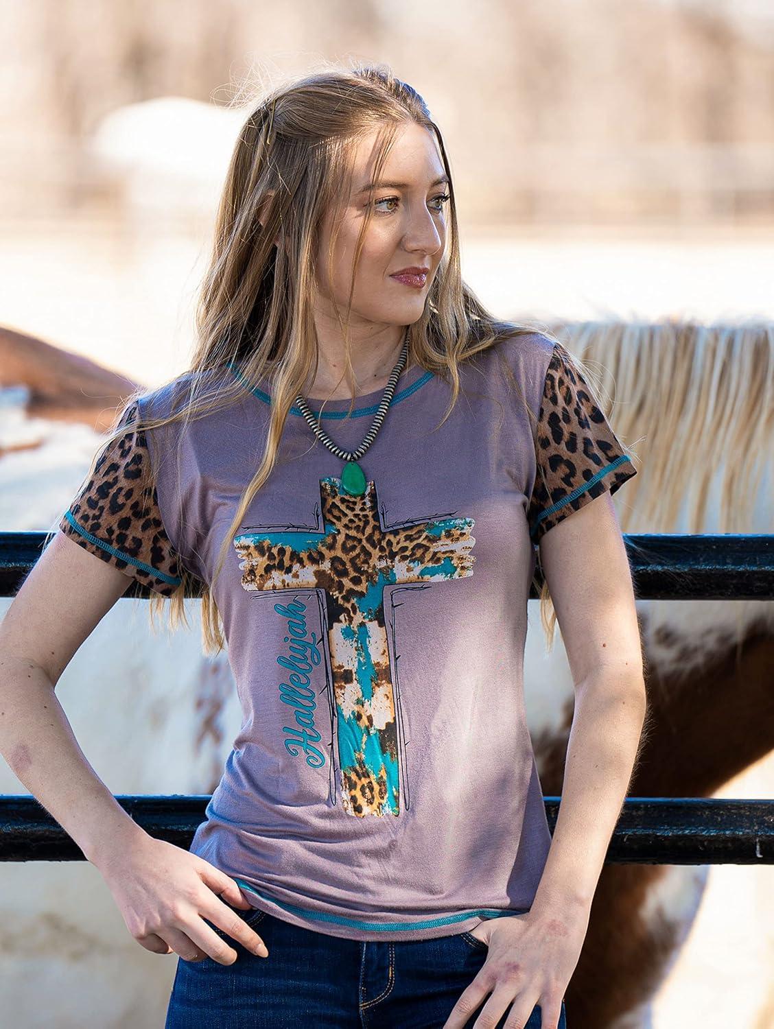 imageMontana West Leopard Cross Tshirts for Women Graphic Tees Vintage Crew Neck Short Sleeve Casual Top ABT3015S gray