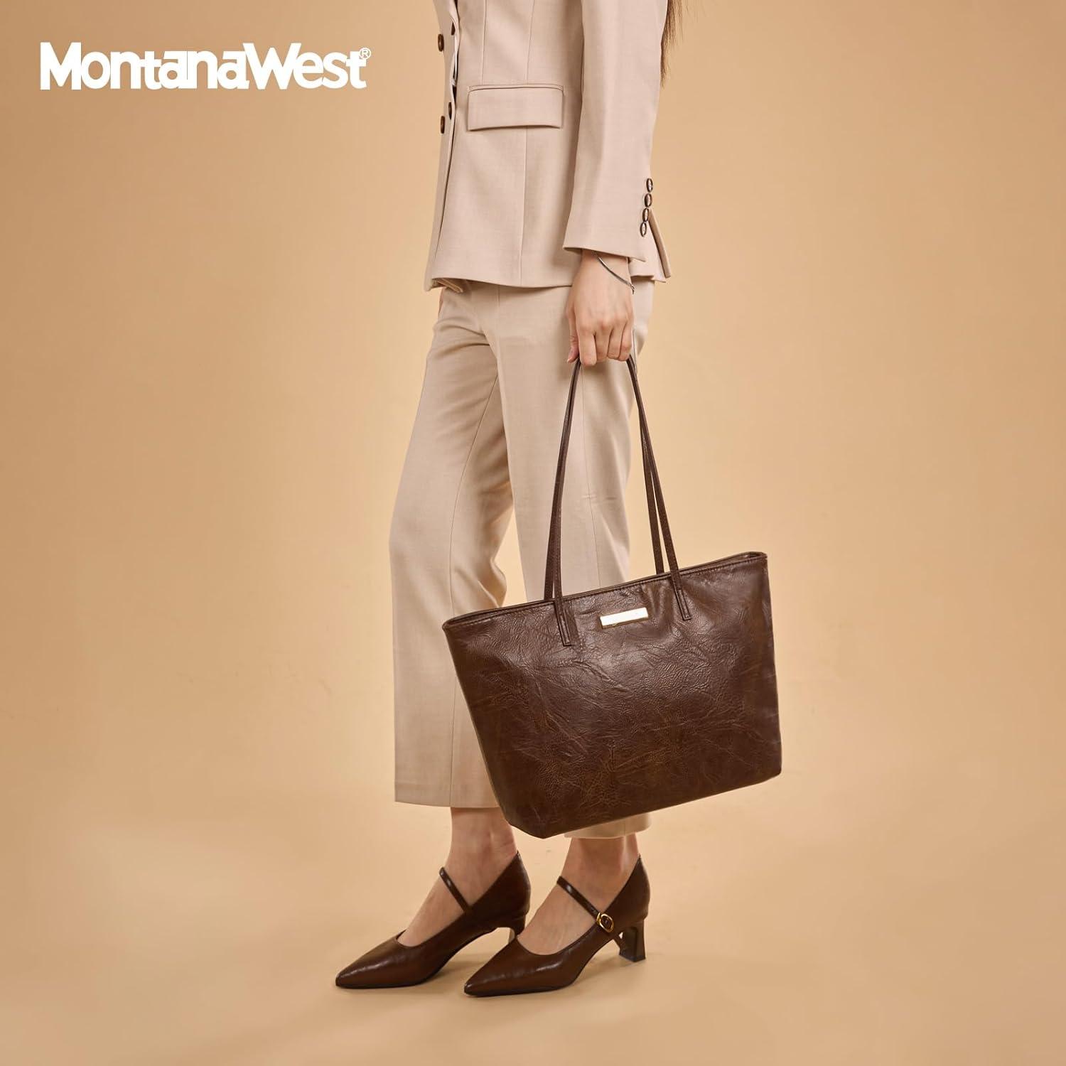 imageMontana West Medium Tote Bags for Women Shoulder Handbag with Zipper Lightweight Everyday Purse for Work Travel or ShoppingDowntown Brown