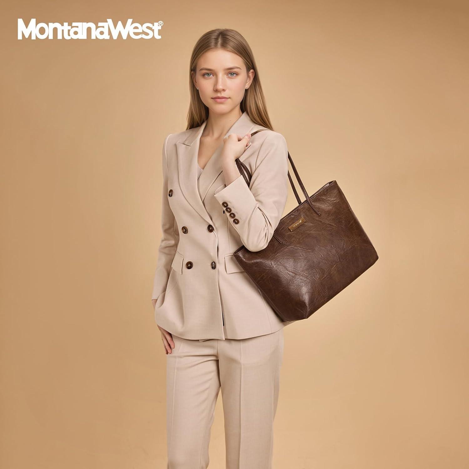 imageMontana West Medium Tote Bags for Women Shoulder Handbag with Zipper Lightweight Everyday Purse for Work Travel or ShoppingDowntown Brown