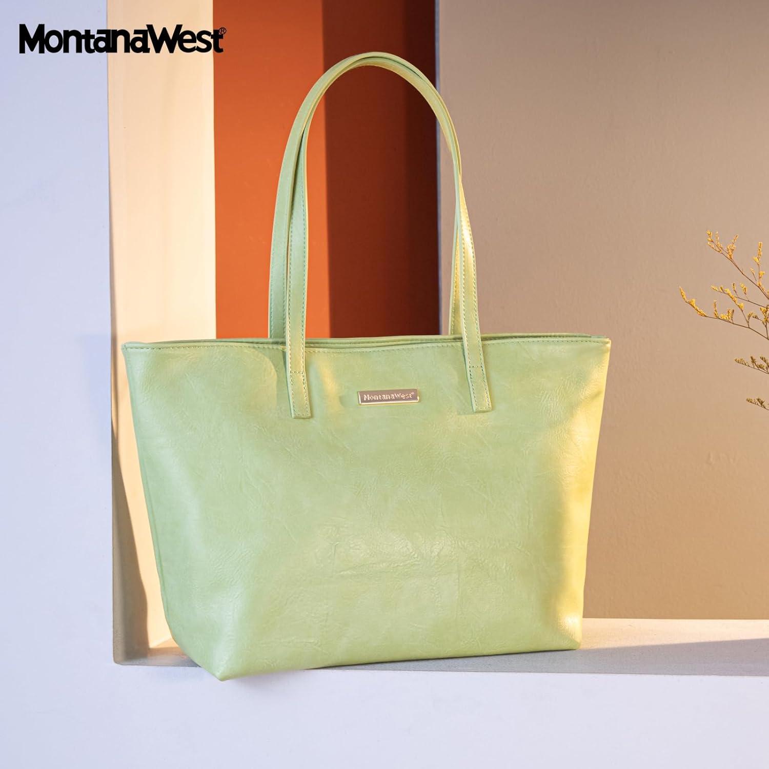 imageMontana West Medium Tote Bags for Women Shoulder Handbag with Zipper Lightweight Everyday Purse for Work Travel or ShoppingGreen
