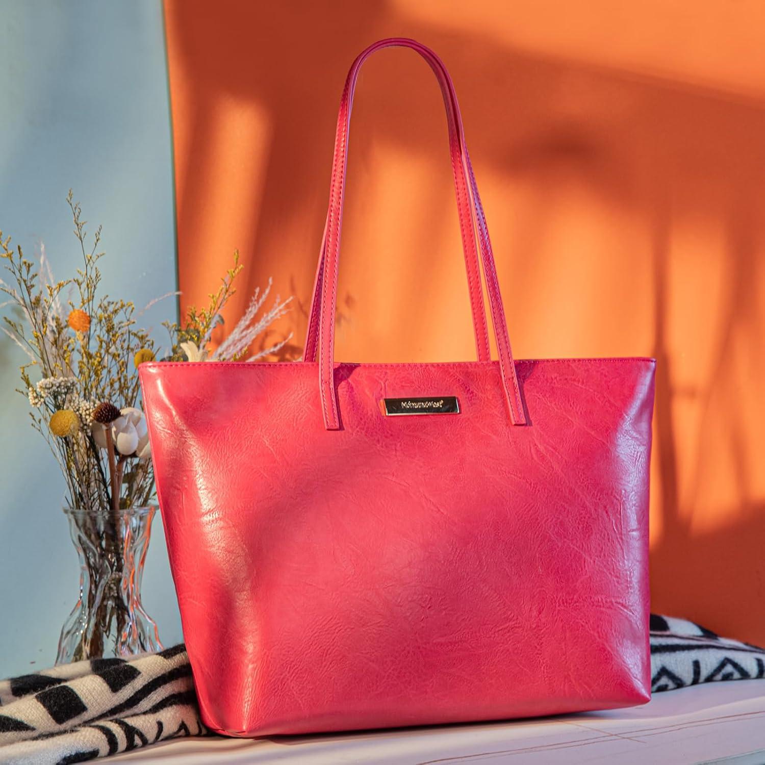 imageMontana West Medium Tote Bags for Women Shoulder Handbag with Zipper Lightweight Everyday Purse for Work Travel or ShoppingHot Pink