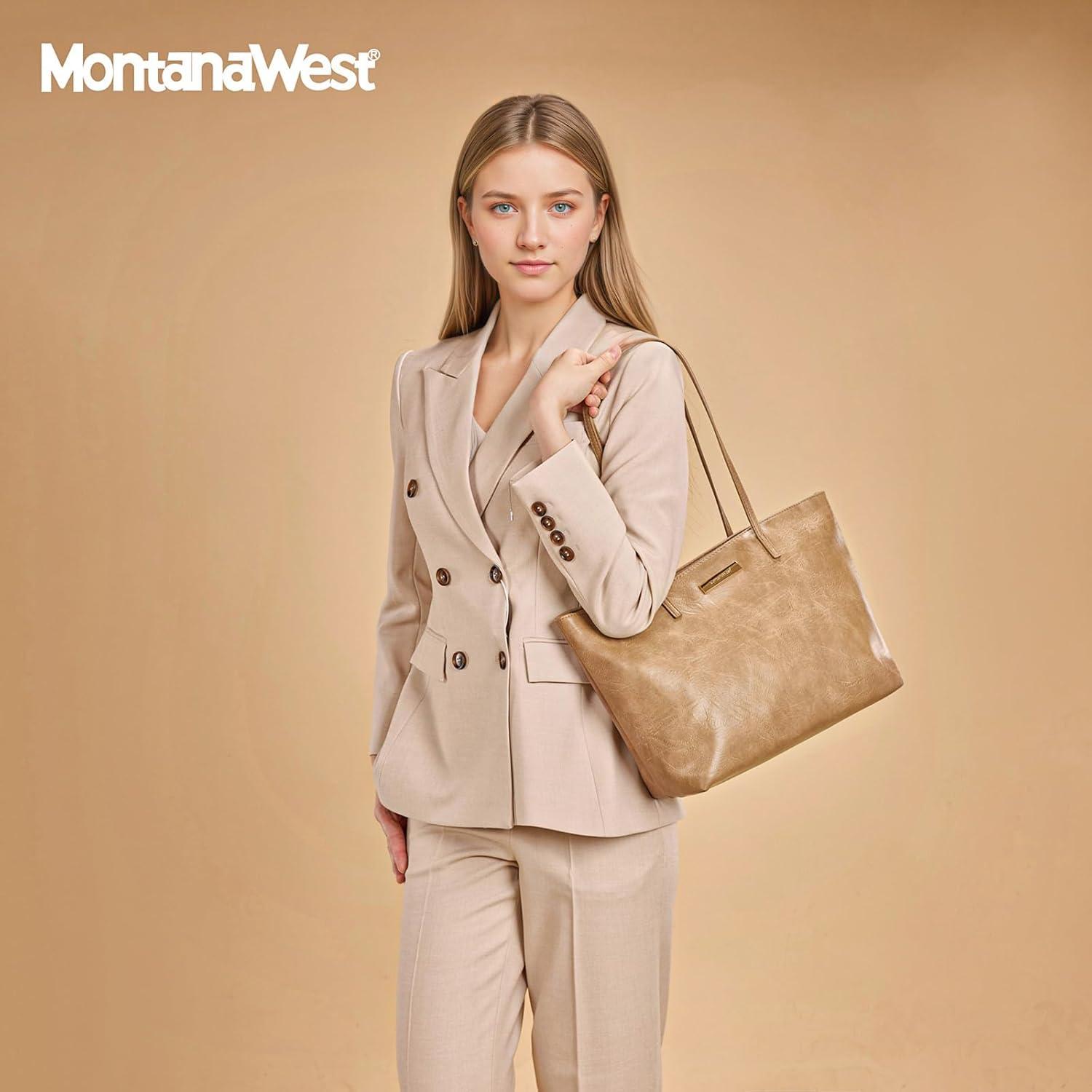 imageMontana West Medium Tote Bags for Women Shoulder Handbag with Zipper Lightweight Everyday Purse for Work Travel or ShoppingKhaki