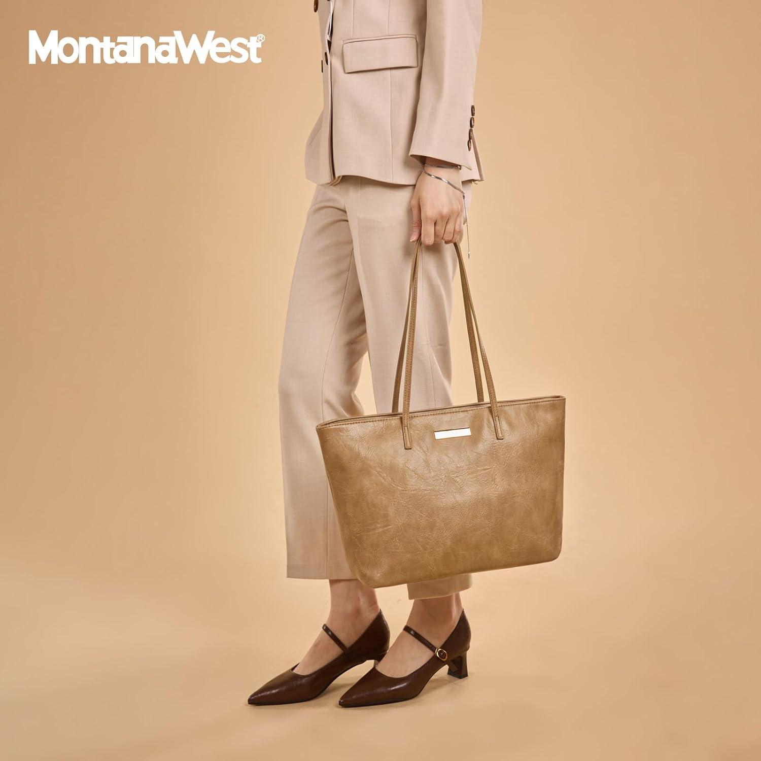 imageMontana West Medium Tote Bags for Women Shoulder Handbag with Zipper Lightweight Everyday Purse for Work Travel or ShoppingKhaki