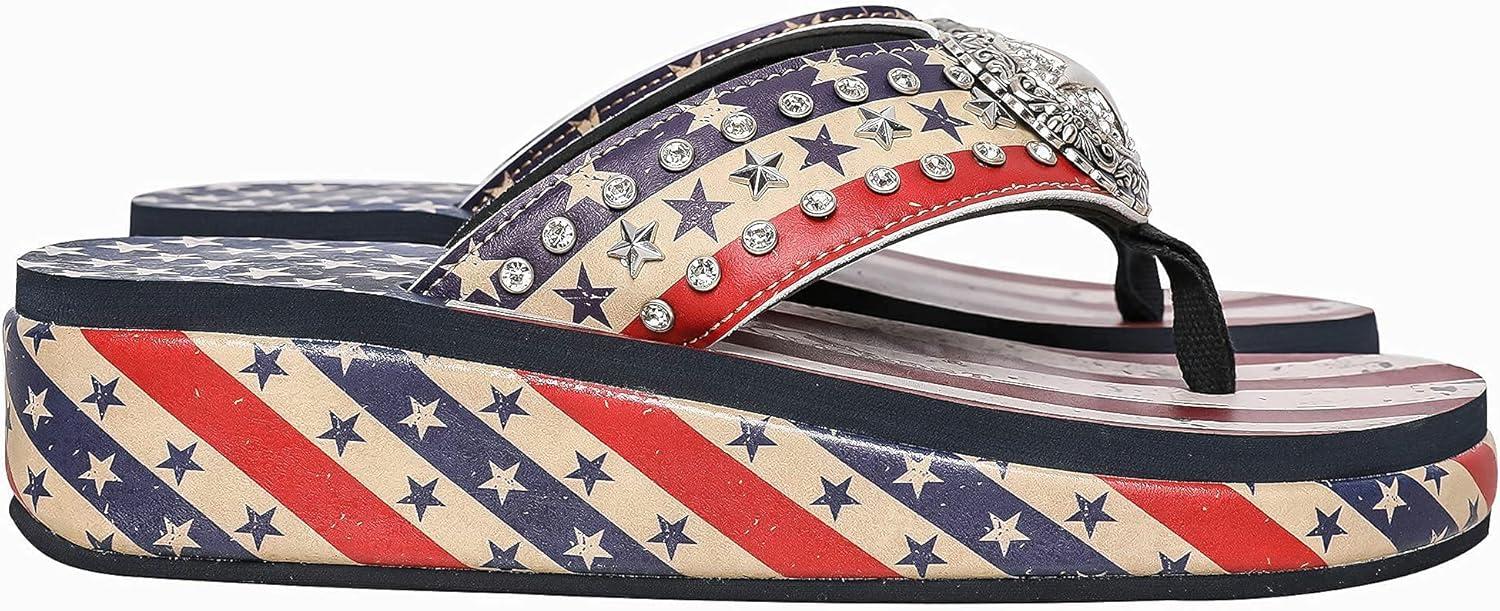 imageMontana West Patriotic Wedge Flip Flops For Women Rhinestones Summer American Flag Wedge Sandals US07S089RD6
