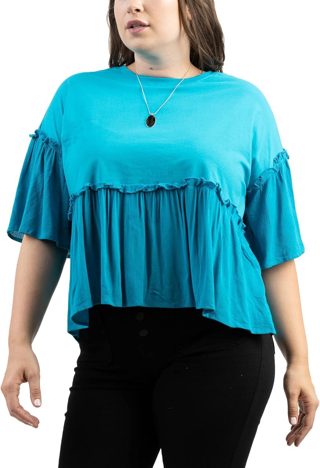 imageMontana West Womens Plus Size Tops 12 Bell Sleeve Shirts Summer Crewneck Loose Ruffle High Low Hem Peplum Blouse Teal ABUABT1027TLXL
