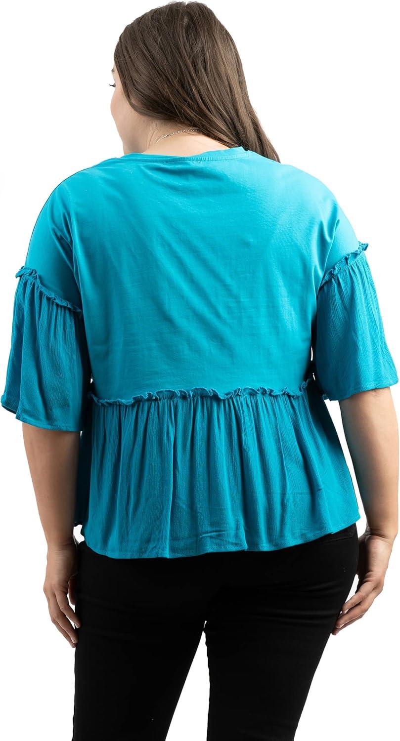 imageMontana West Womens Plus Size Tops 12 Bell Sleeve Shirts Summer Crewneck Loose Ruffle High Low Hem Peplum Blouse Teal ABUABT1027TLXL