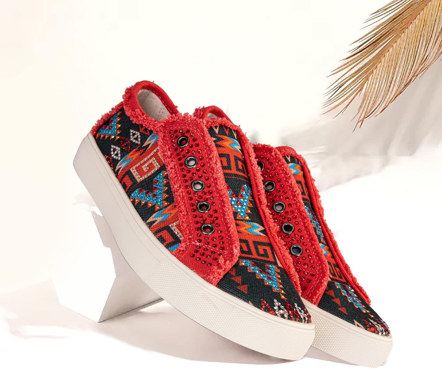 imageMontana West Womens Slip On Sneakers Casual Loafers Rhinestone Walking Shoes Art Ethnics Painted Travel Shoes 900S038RD6