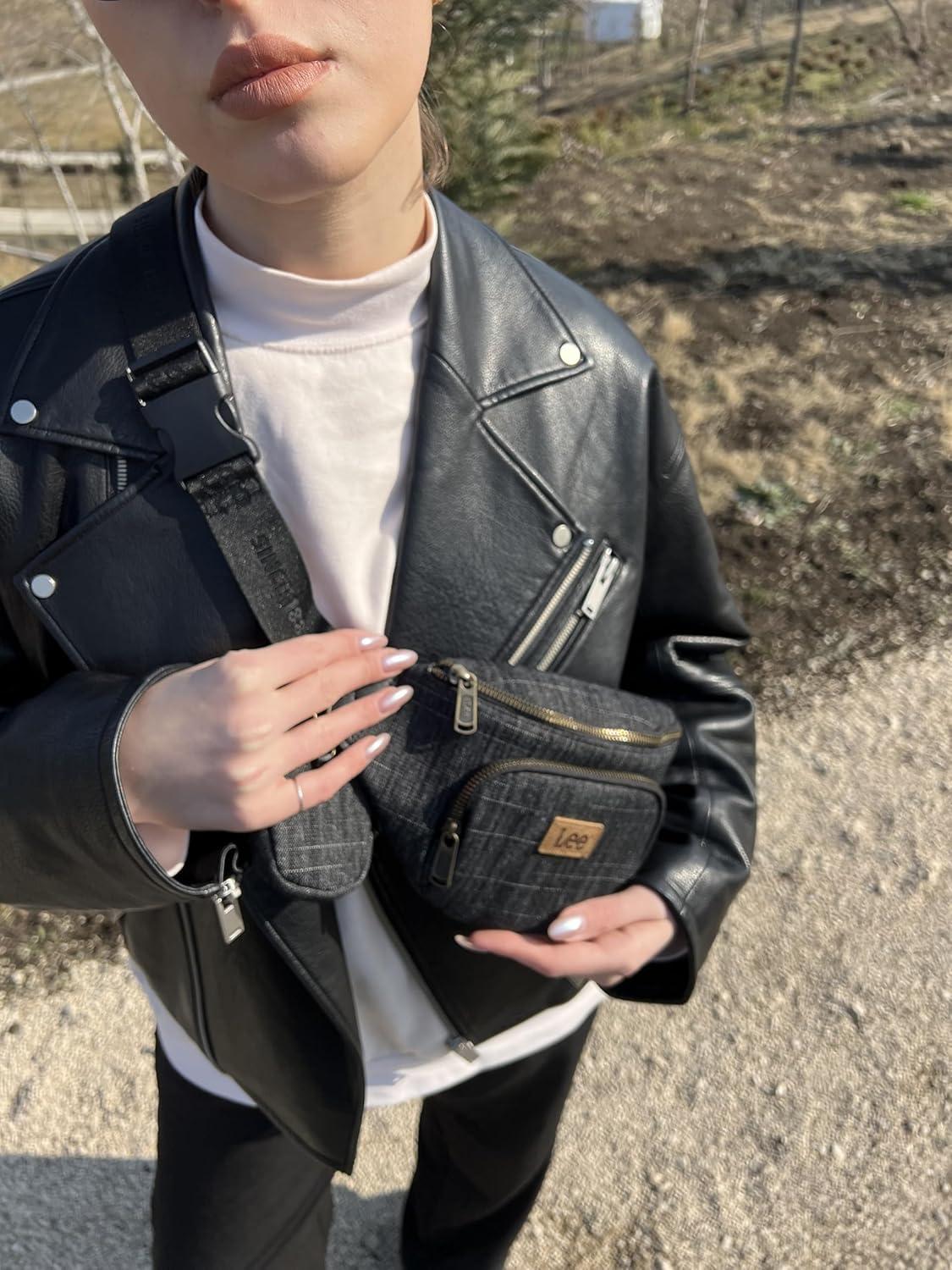 imageMontana West x Lee Fanny Pack for Women Denim Waist Pack Travel Belt Bags with Detachable Earphone Pouch LEE58004BKBlack