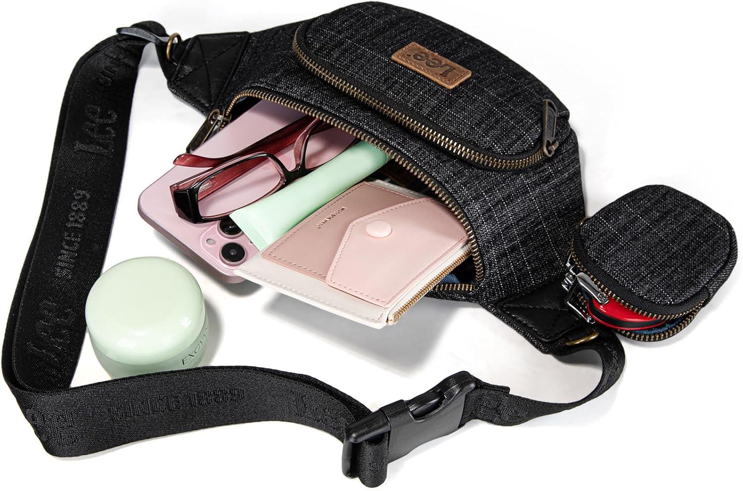 imageMontana West x Lee Fanny Pack for Women Denim Waist Pack Travel Belt Bags with Detachable Earphone Pouch LEE58004BKBlack