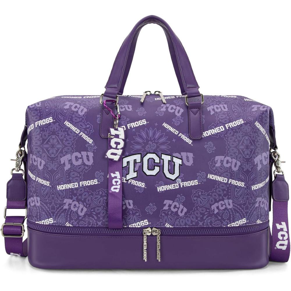 imageLSU Tigers Officially Licensed Duffle Bag WaterResistant Gym Duffel with Shoe ampamp Wet Compartment Weekender CarryOn Bag for Travel Sports ampamp Fitness Purple NCAATCUPurple