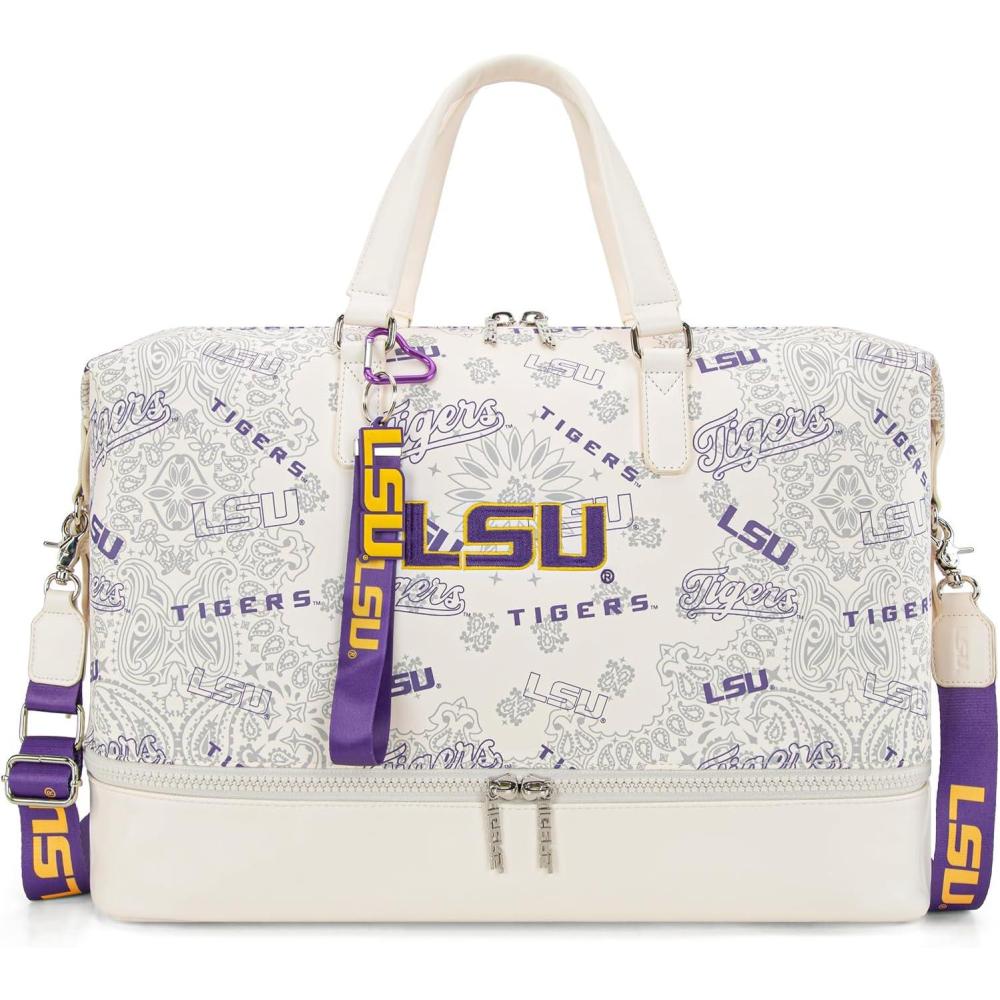 imageLSU Tigers Officially Licensed Duffle Bag WaterResistant Gym Duffel with Shoe ampamp Wet Compartment Weekender CarryOn Bag for Travel Sports ampamp Fitness Purple NCAALSUBeige