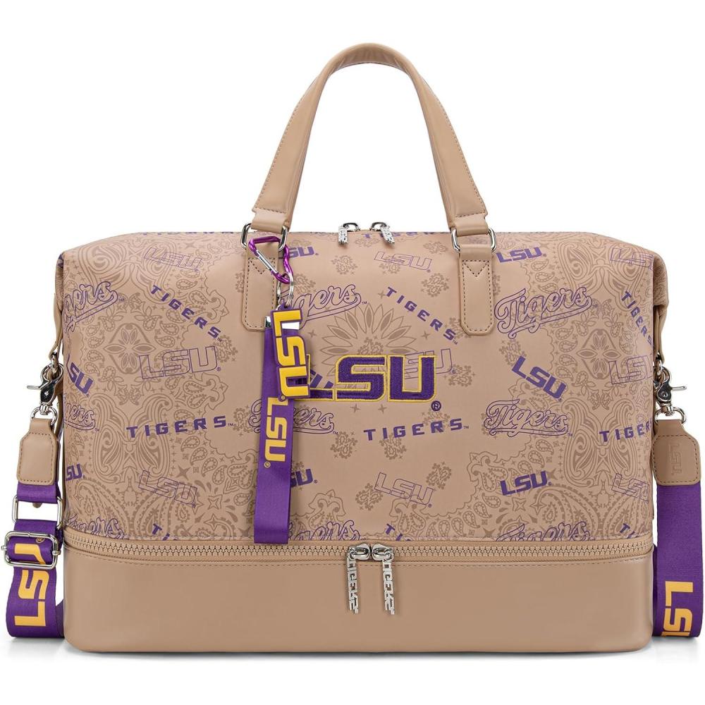imageLSU Tigers Officially Licensed Duffle Bag WaterResistant Gym Duffel with Shoe ampamp Wet Compartment Weekender CarryOn Bag for Travel Sports ampamp Fitness Purple NCAALSUKhaki