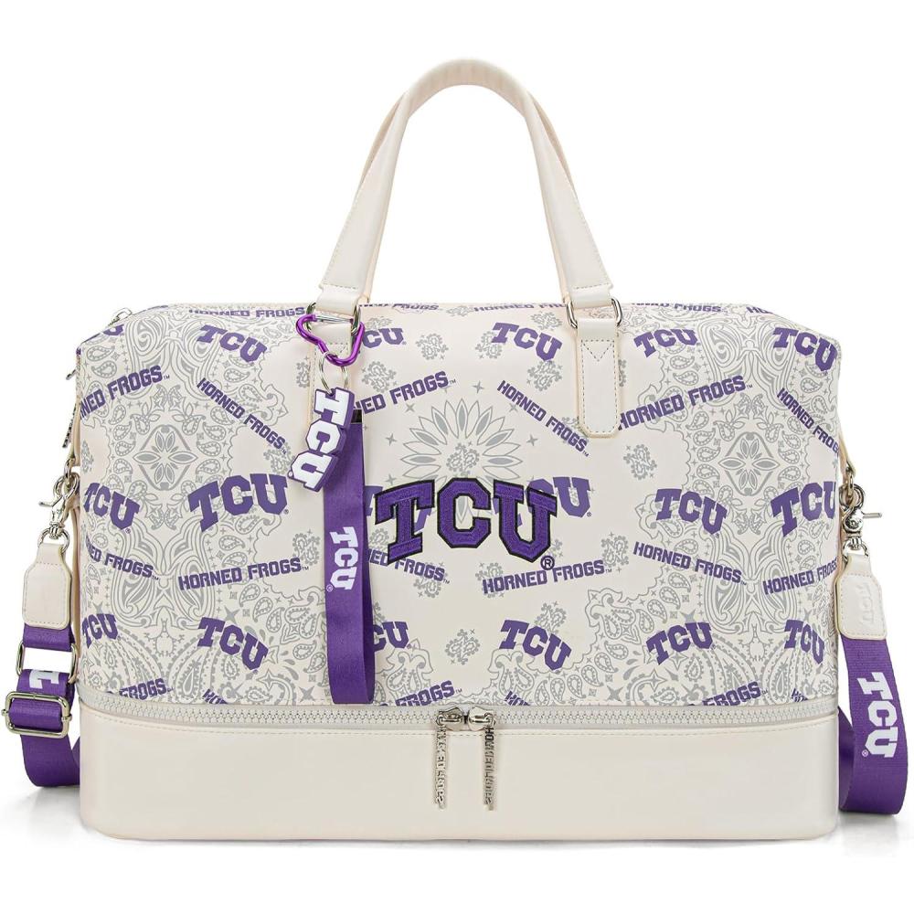 imageLSU Tigers Officially Licensed Duffle Bag WaterResistant Gym Duffel with Shoe ampamp Wet Compartment Weekender CarryOn Bag for Travel Sports ampamp Fitness Purple NCAATCUBeige