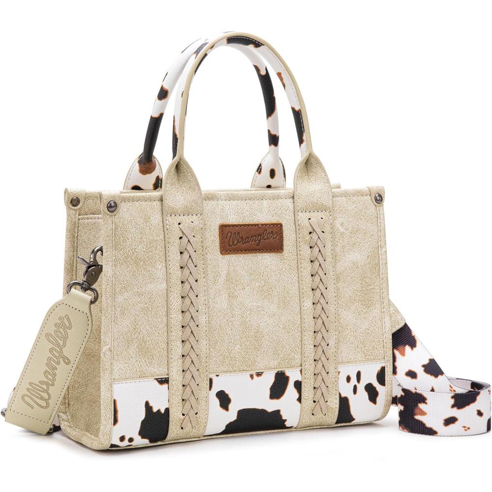 imageMontana West  Wrangler Tote Bag for Women Western Cow Print Purse Designer Top Handle HandbagsM Beigeguitar Strap