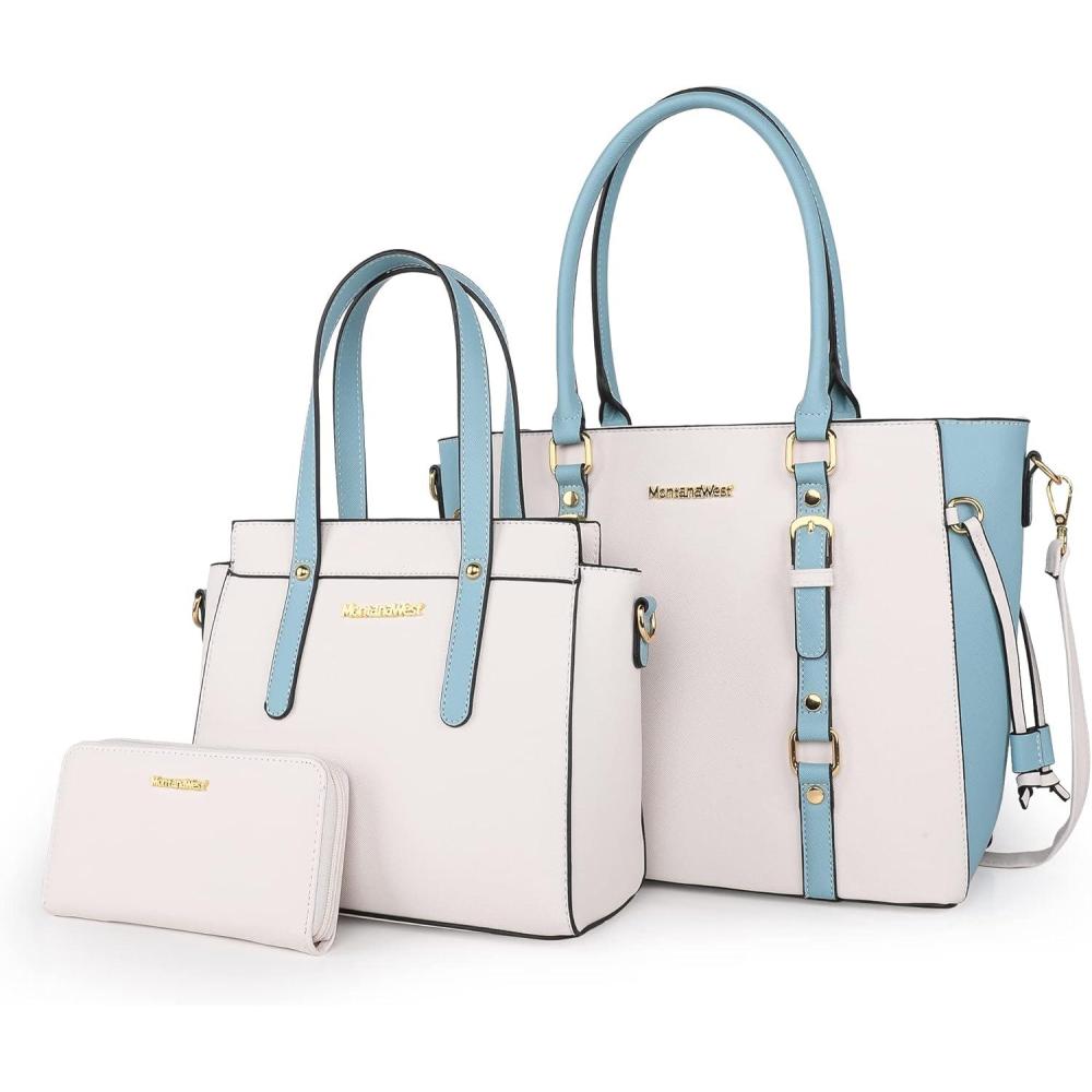 imageMontana West 3PCS Purses for Women Tote Bag and Wallet Set Shoulder Satchel Handbags2 Tone Beige Blue