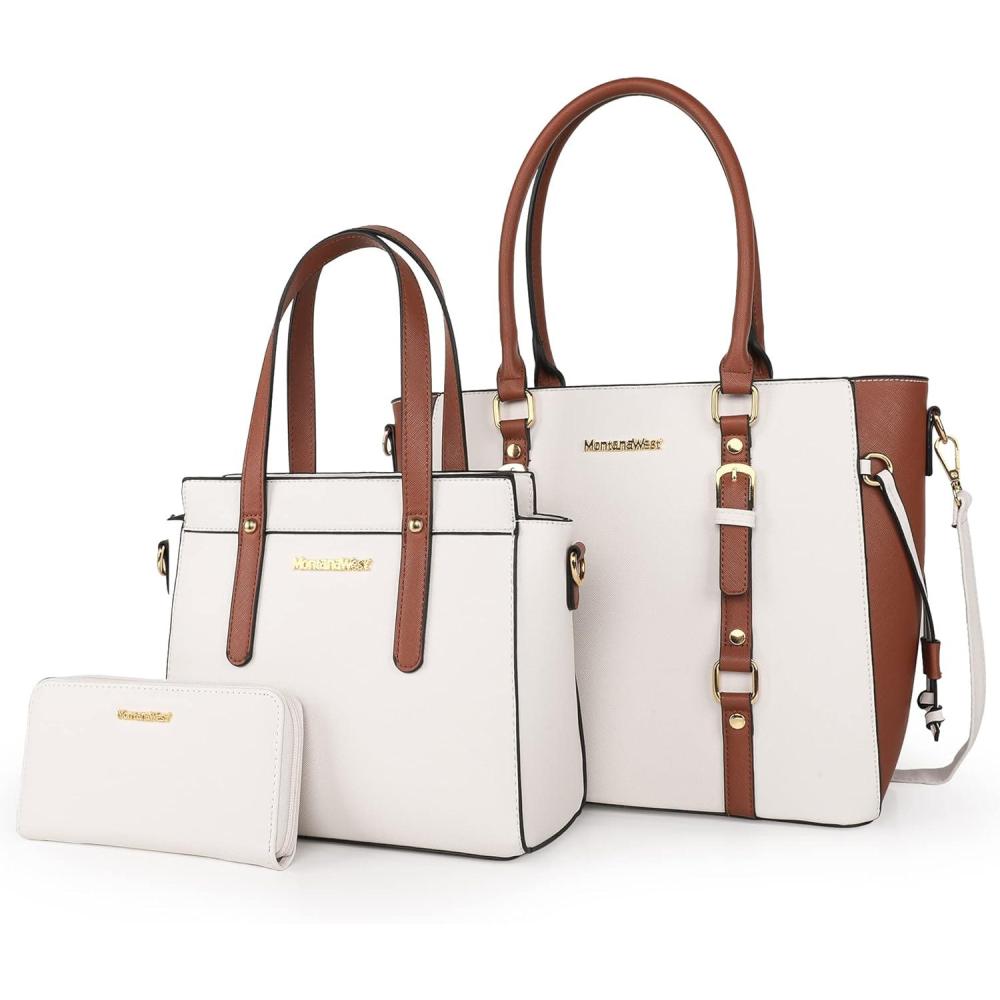 imageMontana West 3PCS Purses for Women Tote Bag and Wallet Set Shoulder Satchel Handbags2 Tone Beige  Brown