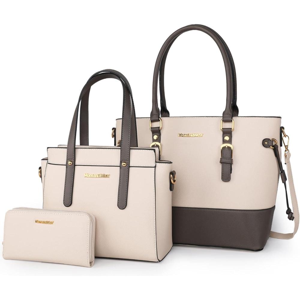 imageMontana West 3PCS Purses for Women Tote Bag and Wallet Set Shoulder Satchel HandbagsElengant Beige Grey