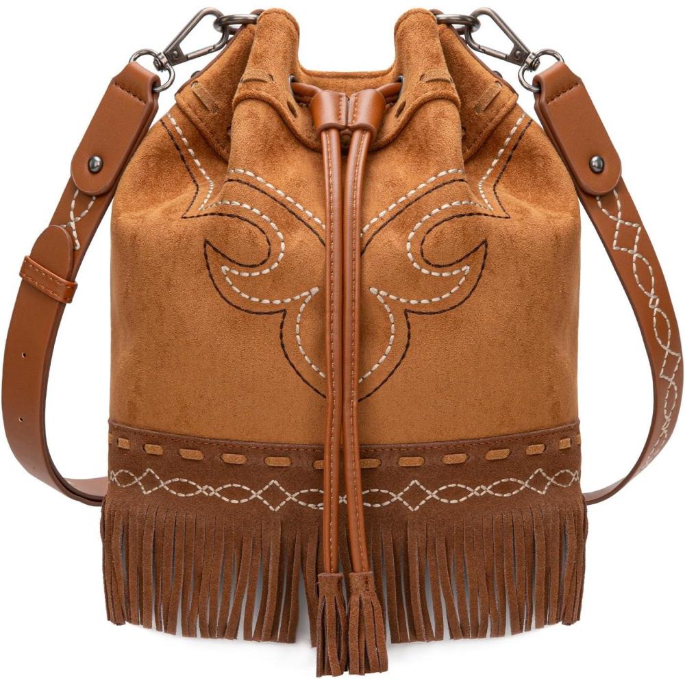 imageMontana West Aztec Bucket Bags for Women Western Fringe Crossbody Bag Ladies Vintage Drawstring Bucket BagEmbroideredbrown