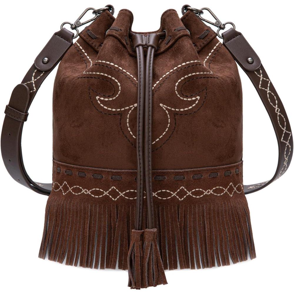 imageMontana West Aztec Bucket Bags for Women Western Fringe Crossbody Bag Ladies Vintage Drawstring Bucket BagEmbroideredcoffee