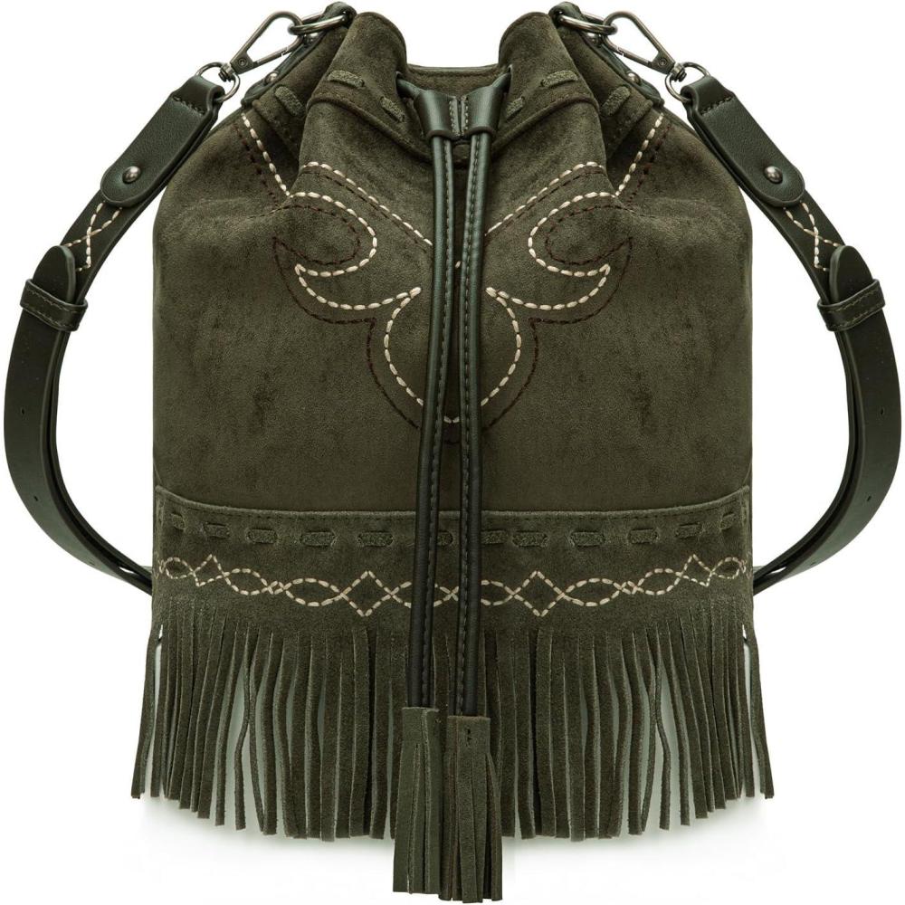 imageMontana West Aztec Bucket Bags for Women Western Fringe Crossbody Bag Ladies Vintage Drawstring Bucket BagEmbroideredgreen