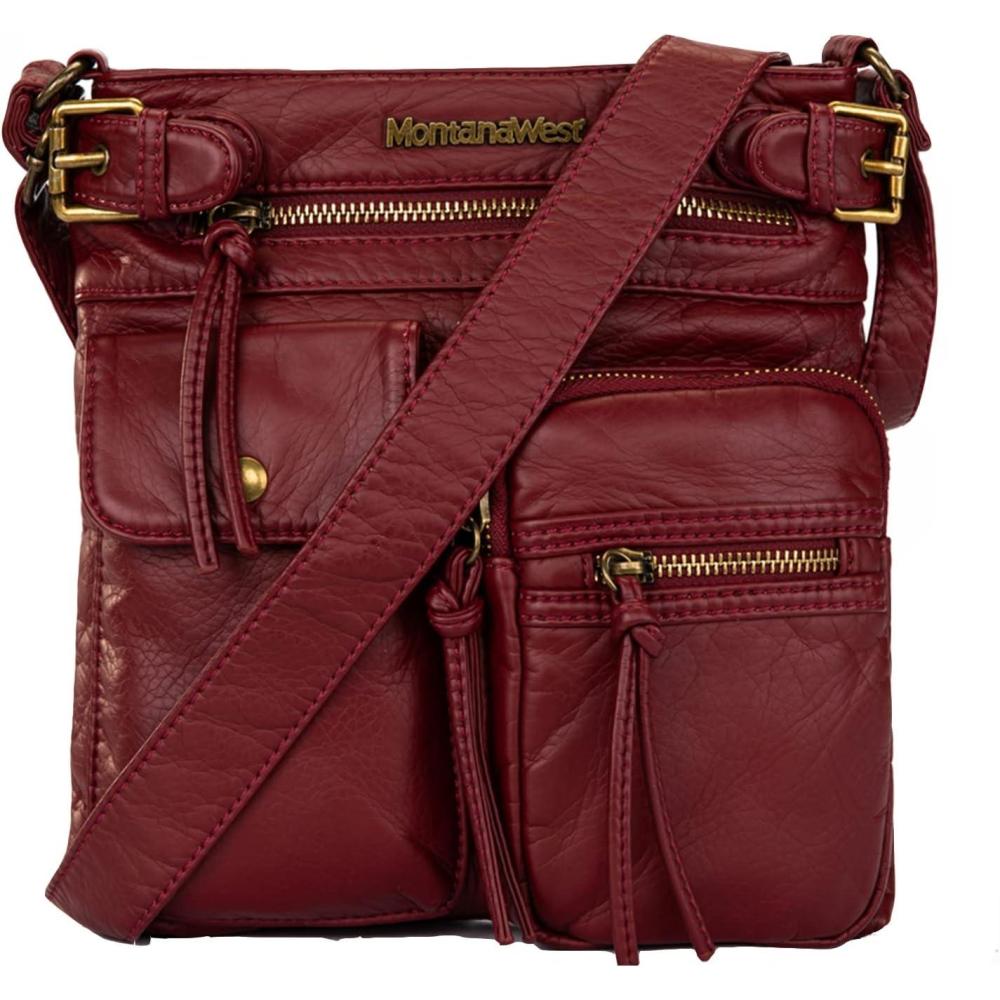 imageMontana West Crossbody Bag for Women Soft Washed Leather Multi Pocket crossbody handbagsBurgundy Red
