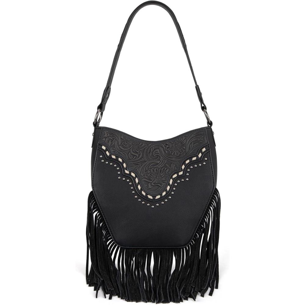 imageMontana West Fringe Shoulder Bag for Women Western Tooled Hobo Tote Bag PursesFringeblack