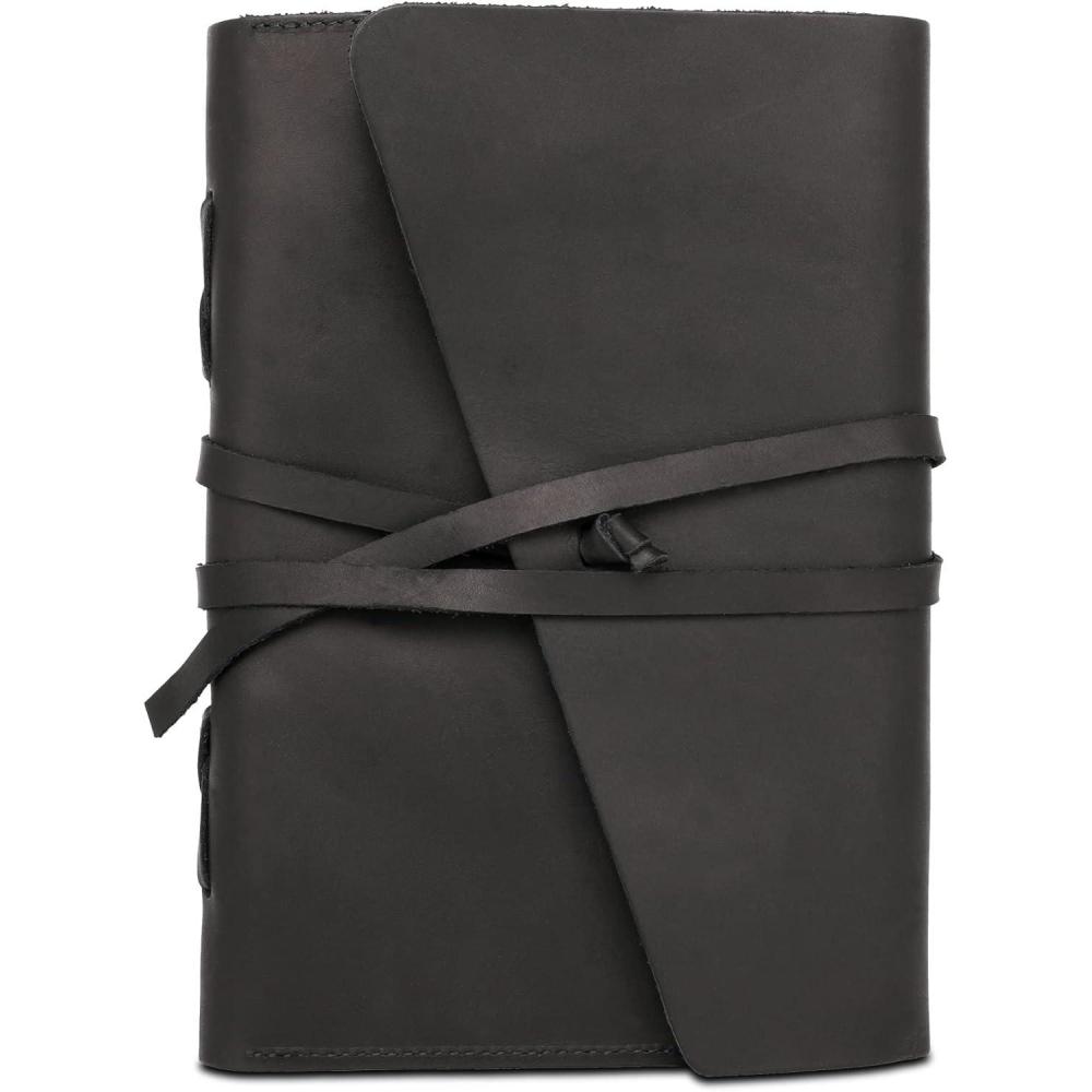 imageMontana West Genuine Leather Journal Notebook for Women and Men Vintage Refillable Journals for Writing Handheld 6 Ring Binder Travel Journal Diary with Slide Open Pocket2 Card Holders and 2 PenABlack