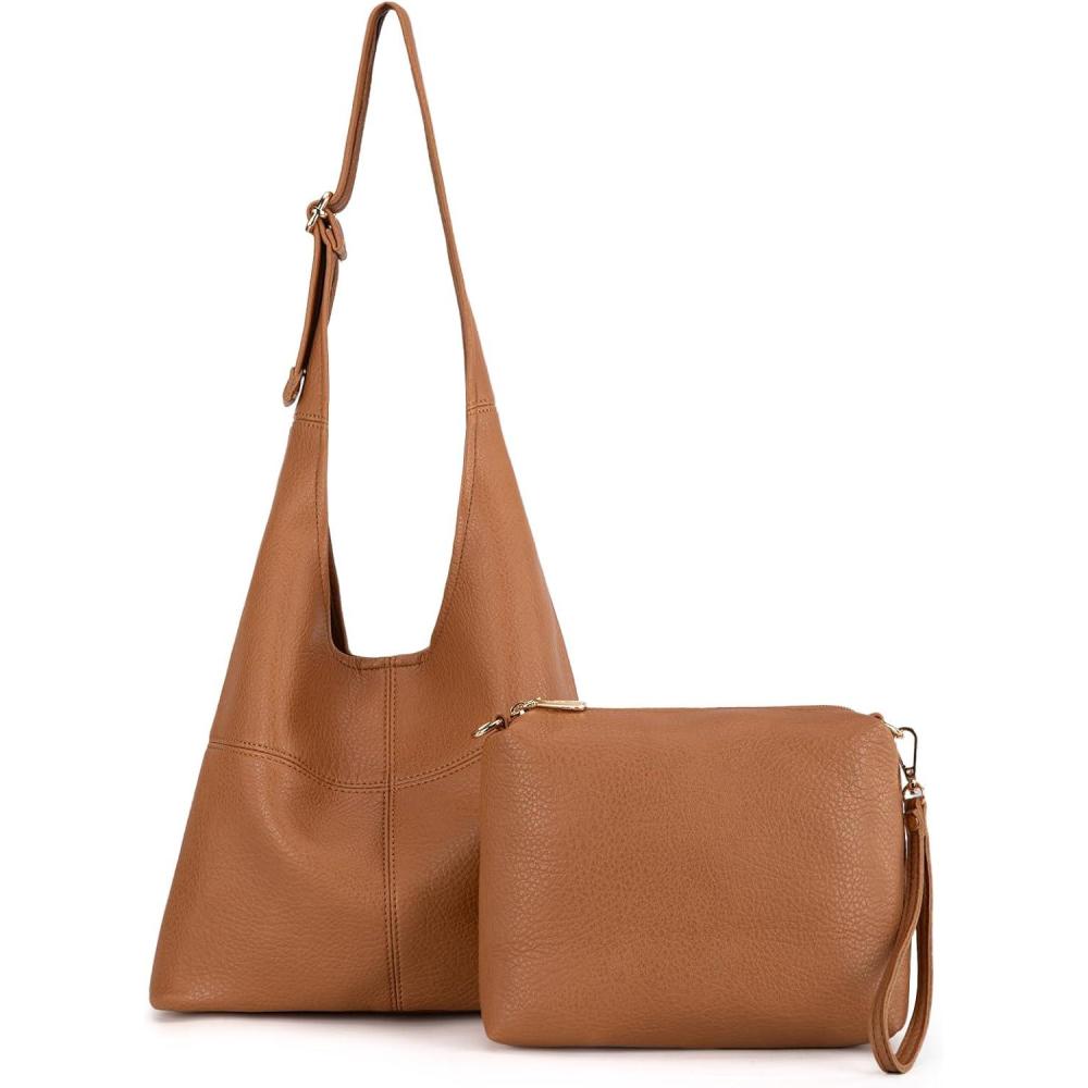 imageMontana West Hobo Bags Purse for Women Ultra Soft Foldable Shoulder Slouchy Handbags with Cosmetic bagClassiccaramel Brown