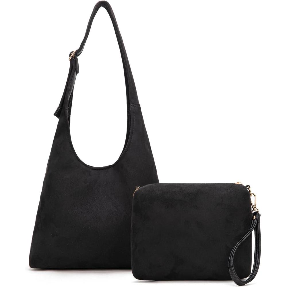 imageMontana West Hobo Bags Purse for Women Ultra Soft Foldable Shoulder Slouchy Handbags with Cosmetic bagSuedeblack
