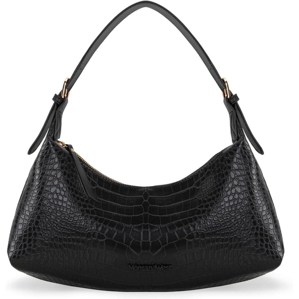 imageMontana West MEDIUM Shoulder Purses for Women Crescent Hobo Bags Trendy PursesCrocodile Black