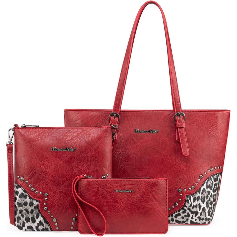imageMontana West Purses for Women Tote Bag 3Pcs Set Leopard Print Satchel Handbags058 Red