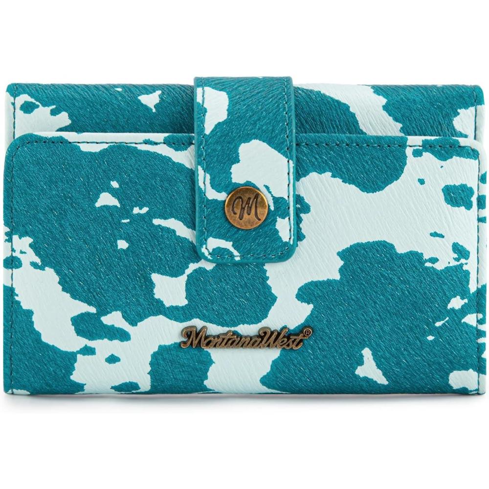 imageMontana West Small Womens Wallet Black Cow Print Card Wallets for Women Trifold Travel Wallet Ladies Female Wallets RFID Blocking Western Card Cash Wallett with ID WindowCow PrintBlue