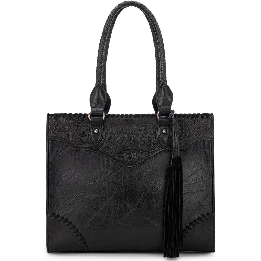 imageMontana West Western Tooling Handbags Vintage Prints and Whipstitch CraftsmanshipTassels Black