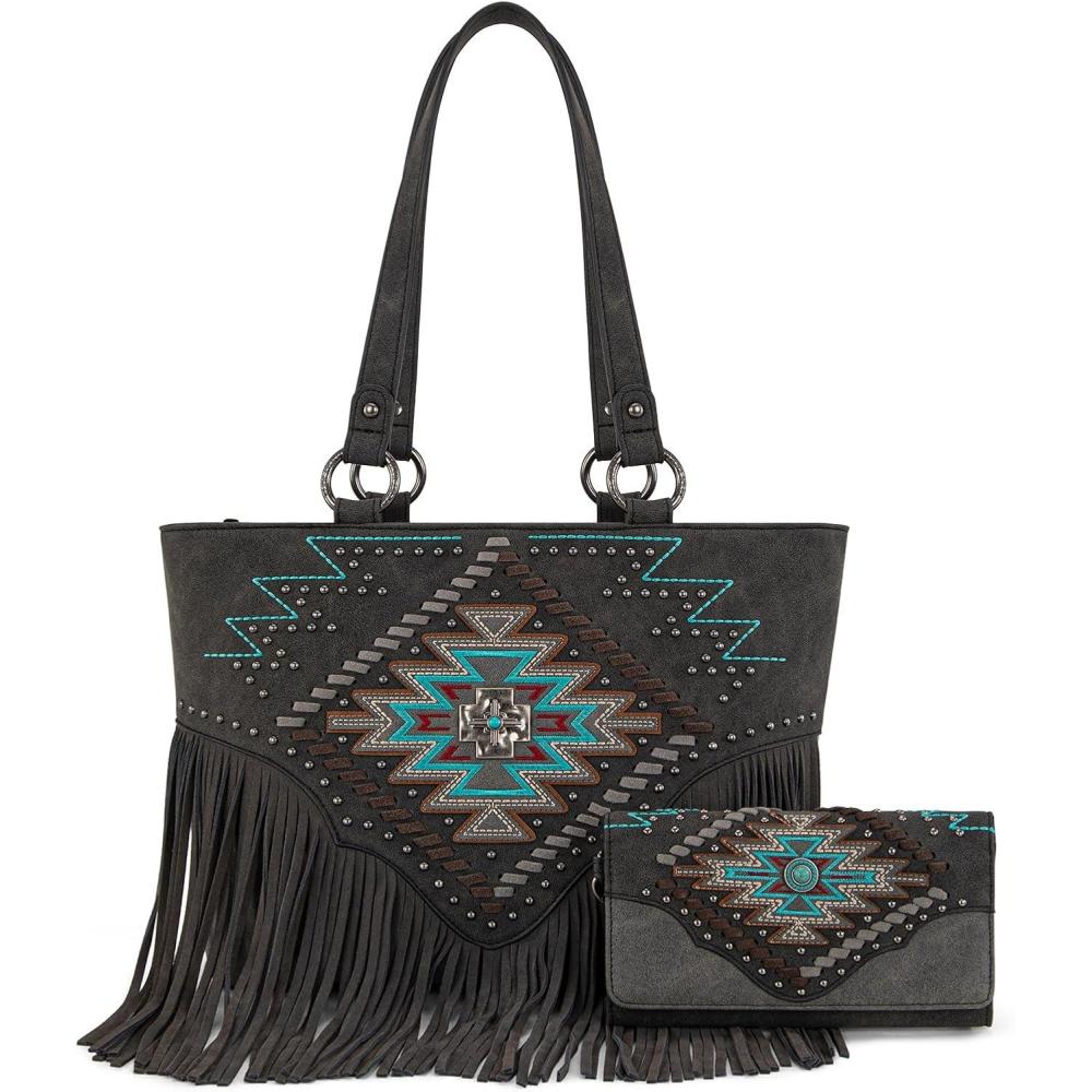 imageMontana West Western Tote Bag for Women Tooled Shoulder Purse with Wallet 2Pcs SetFringe Black