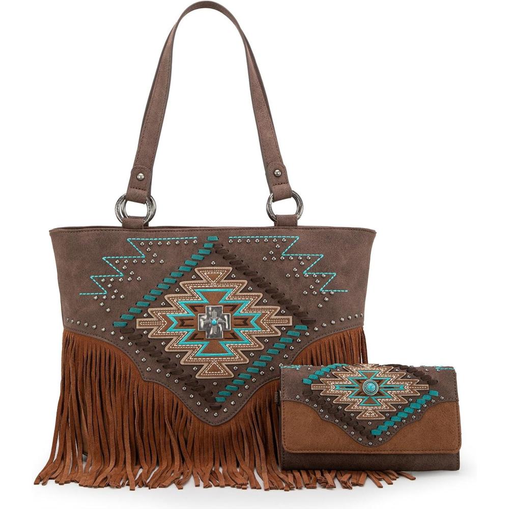 imageMontana West Western Tote Bag for Women Tooled Shoulder Purse with Wallet 2Pcs SetFringe Coffee