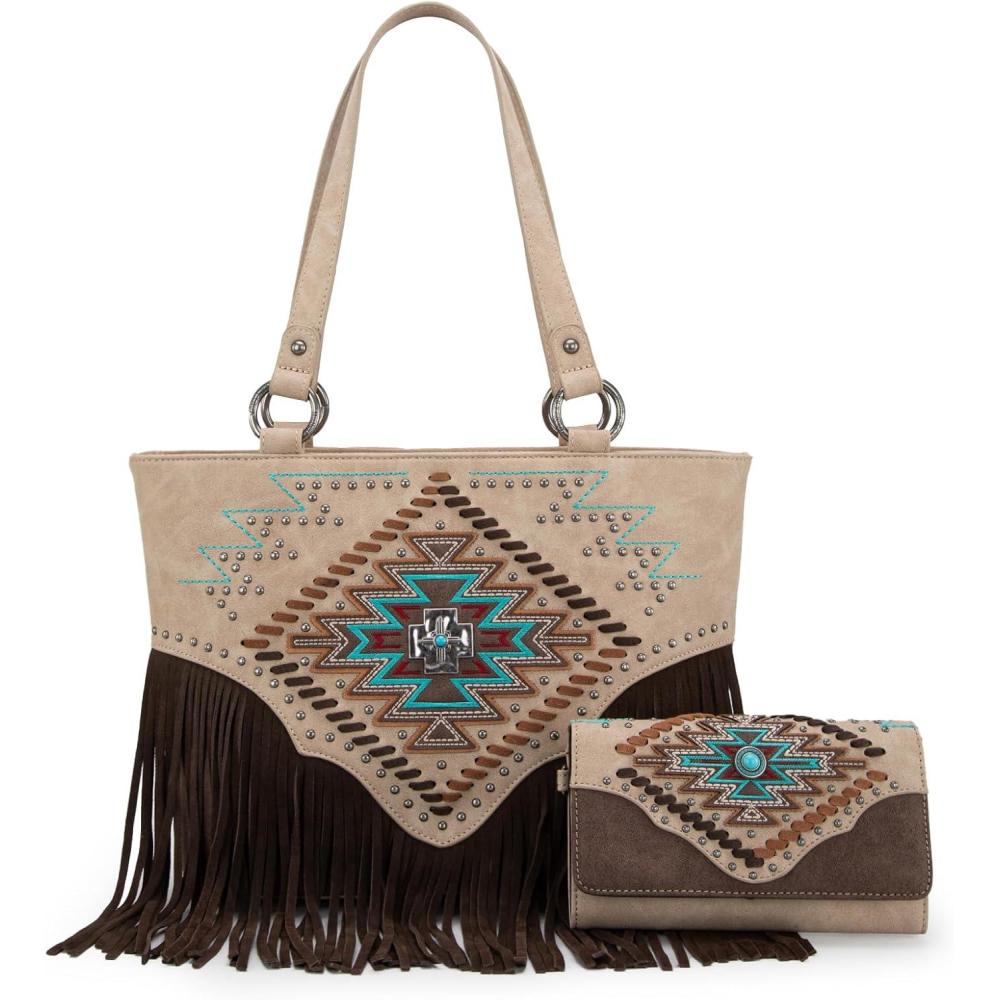 imageMontana West Western Tote Bag for Women Tooled Shoulder Purse with Wallet 2Pcs SetFringe Tan