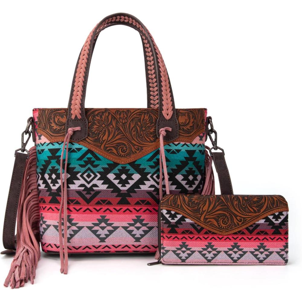 imageMontana West Western Tote Bag for Women Tooled Shoulder Purse with Wallet 2Pcs SetTooled Hot Pink