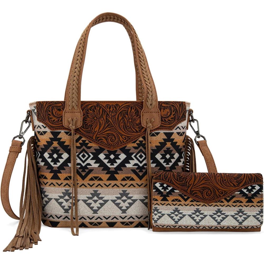 imageMontana West Western Tote Bag for Women Tooled Shoulder Purse with Wallet 2Pcs SetTooled Tan