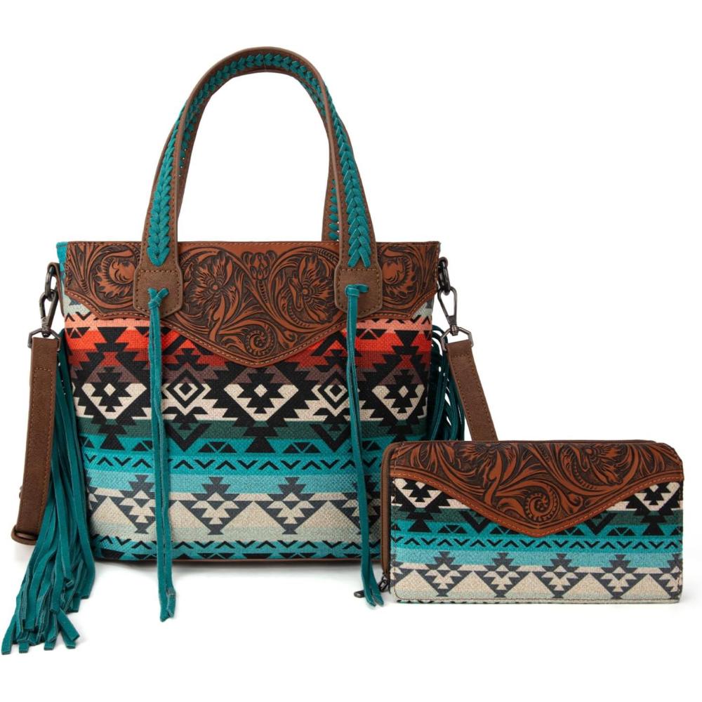 imageMontana West Western Tote Bag for Women Tooled Shoulder Purse with Wallet 2Pcs SetTooled Turquoise