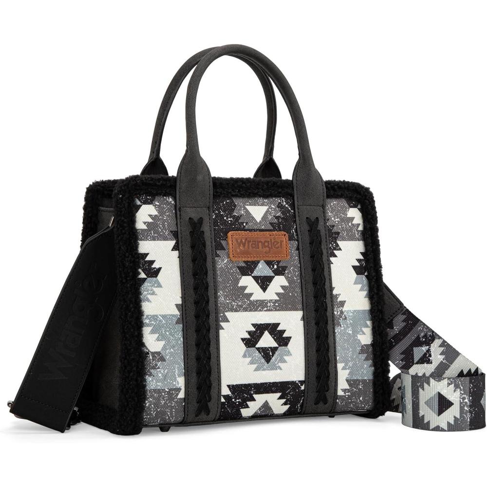 imageMontana West Wrangler Boho Tote Bag Aztec Top Handle Handbags and PursesSherpa Blackwide Strap