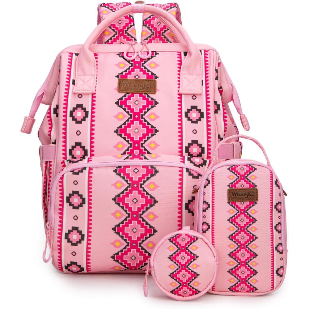 imageMontana West Wrangler Callie Diaper Bag Backpack with Pacifier Case Crossbody Bottle Bag and Stroller Straps Western Pattern Multifunction Baby Travel Bag Set WG22159110LV3pcspink