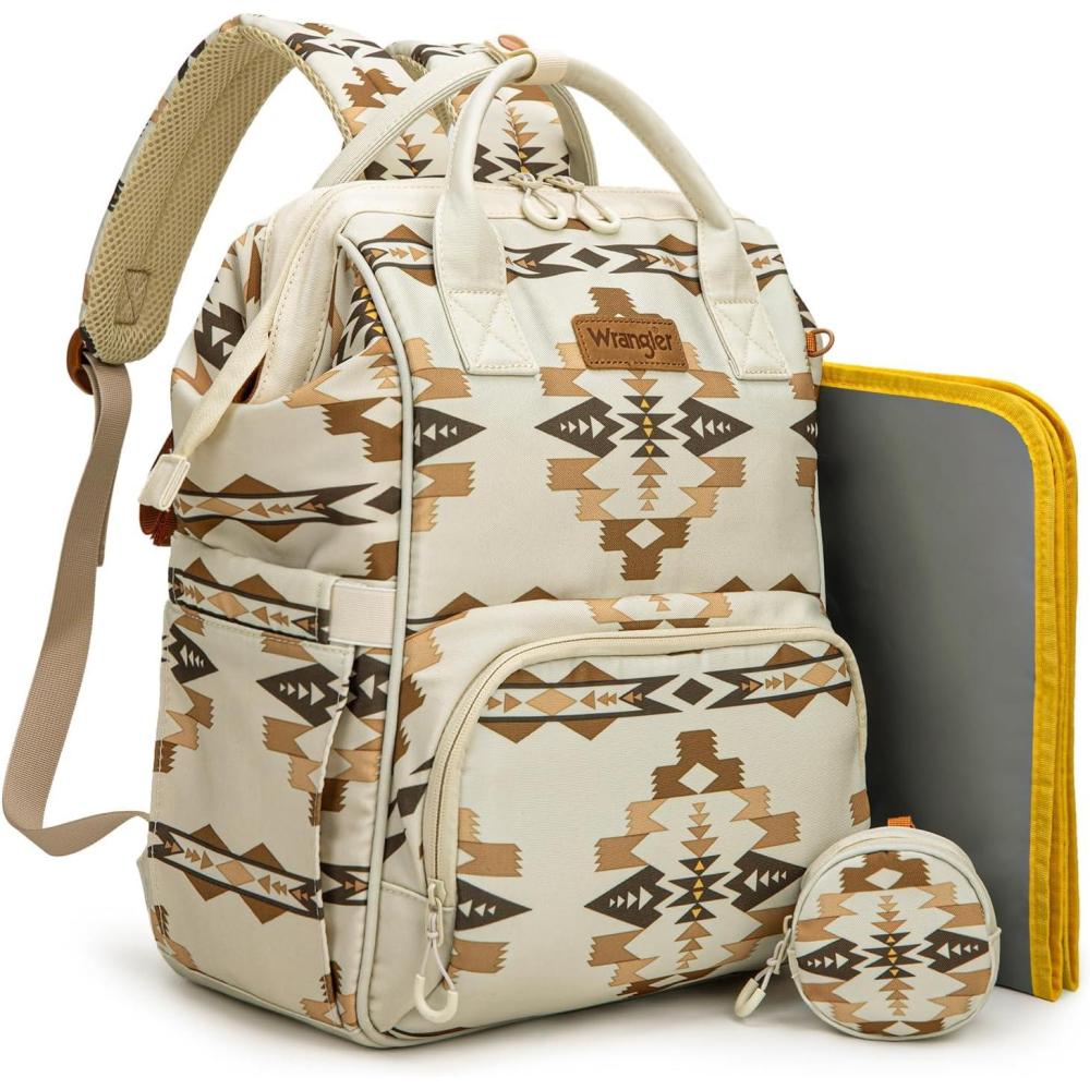 imageMontana West Wrangler Diaper Bag Backpack Aztec Travel Backpack Purses Western MultiFunction Baby Bags for Mom with Waterproof Insulated Pockets3pcs Off White